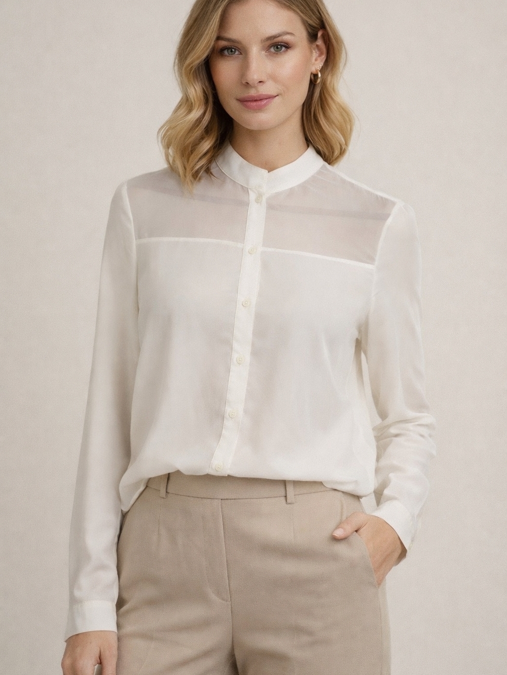 Anne Klein White Sheer Button-Up Blouse | Minimalist Office Workwear Top